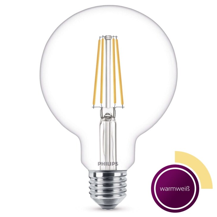 Philips LED Lampe ersetzt 60W, E27 Globe G93, klar -Filament, warmweiß, 806 Lumen, nicht dimmbar, 1er Pack