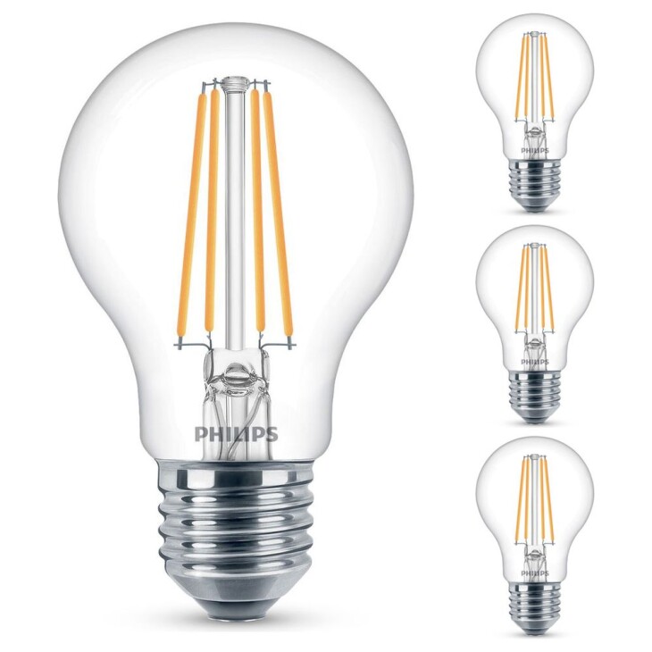 Philips LED Lampe ersetzt 60W, E27 Standardform A60, klar, warmweiß, 806 Lumen, nicht dimmbar, 4er Pack