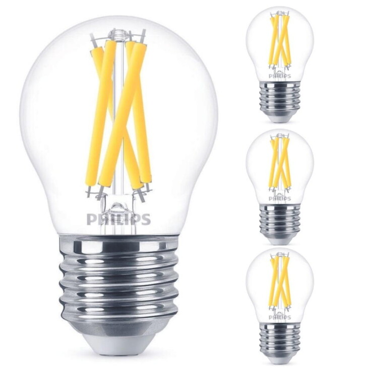 Philips LED Lampe ersetzt 60W, E27 Tropfenform P45, klar, warmweiß, 810 Lumen, dimmbar, 4er Pack