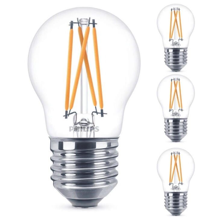 Philips LED Lampe ersetzt 40 W, E27 Tropfenform P45, klar, warmweiß, 475 Lumen, dimmbar, 4er Pack