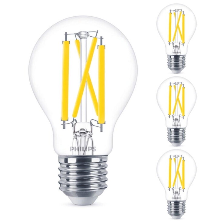 Philips LED Lampe ersetzt 100 W, E27 Standardform A60, klar, warmweiß, 1560 Lumen, dimmbar, 4er Pack