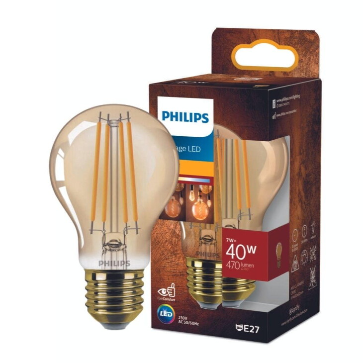 Philips LED Lampe E27 - Birne A60 7W 470lm 1800K ersetzt 40W Einerpack
